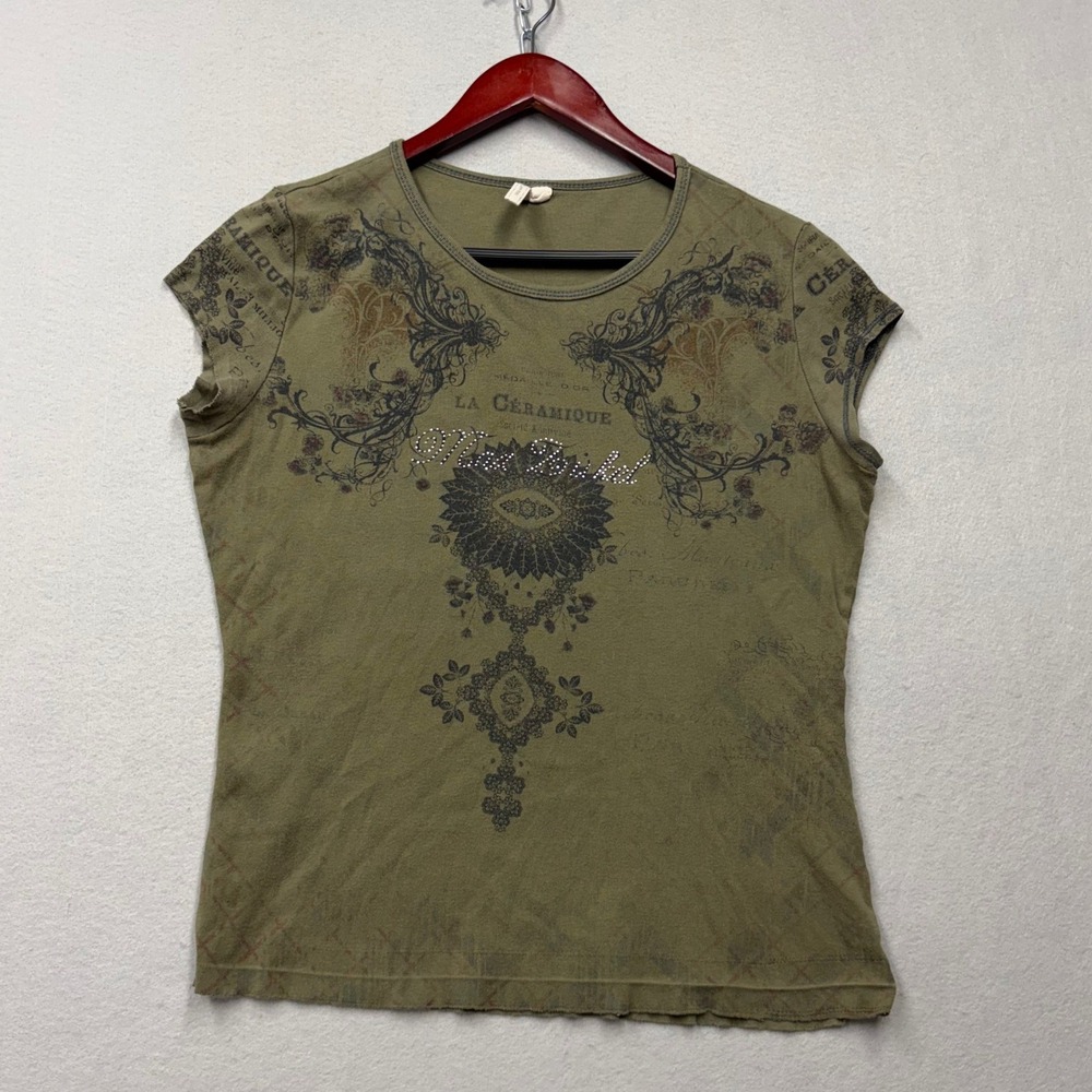 Susan Lawrence Graphic Tee Women Medium Green Y2K Ripped Seam Rhinestone Top